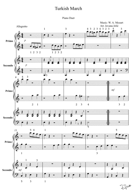 Turkish March Piano Duet Easy Sheet Music