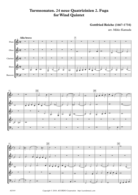 Turmsonaten 24 Neue Quatrizinien 2 Fuga For Wind Quintet Sheet Music