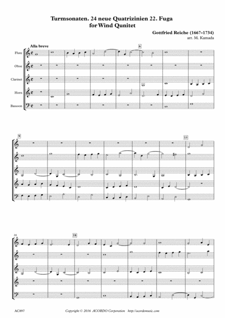 Turmsonaten 24 Neue Quatrizinien 22 Fuga For Wind Qunitet Sheet Music