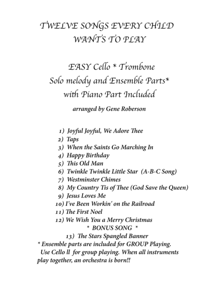 Twelve Easy Songs For Children Cello Or Trombone Other C Bass Instruments Sheet Music