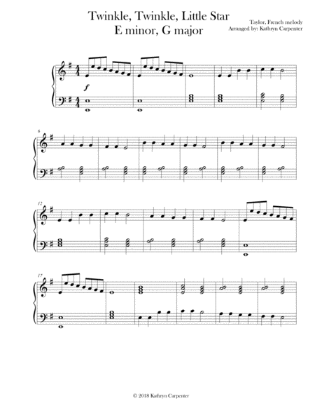 Twinkle Twinkle Little Star Early Intermediate Piano Minor Major Sheet Music