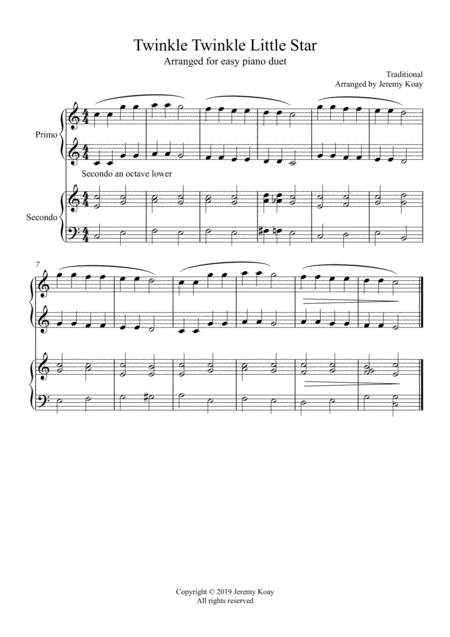 Free Sheet Music Twinkle Twinkle Little Star Easy Piano Duet