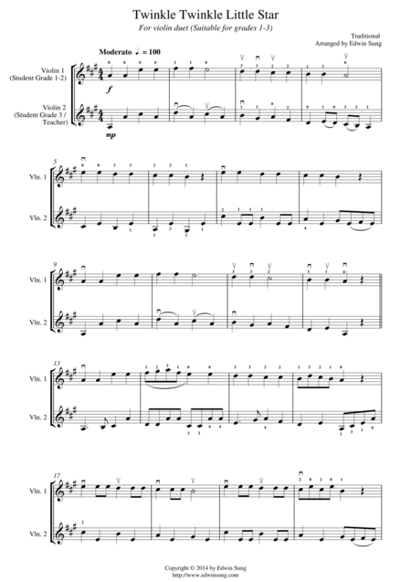 Twinkle Twinkle Little Star For Violin Duet Suitable For Grades 1 3 Sheet Music