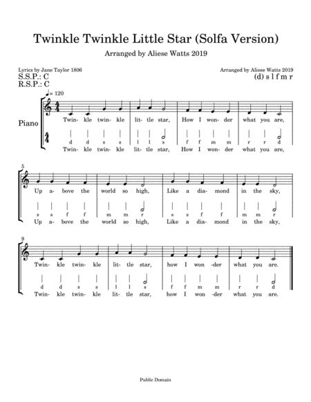 Free Sheet Music Twinkle Twinkle Little Star Solfa Version