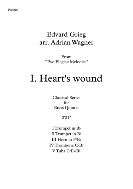 Two Elegiac Melodies I Hearts Wound Edvard Grieg Brass Quintet Arr Adrian Wagner Sheet Music