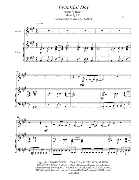 Free Sheet Music U2 Beautiful Day For Violin Piano