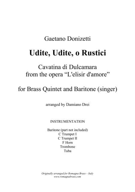 Udite Udite O Rustici Elisir D Amore For Brass Quintet And Baritone Sheet Music