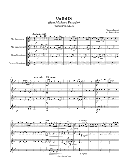 Un Bel Di From Madame Butterfly Sax Quartet Aatb Sheet Music