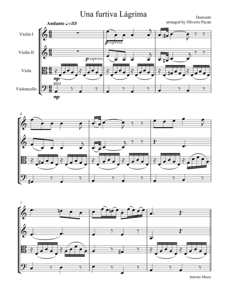 Una Furtiva Lacrima For String Quartet Sheet Music