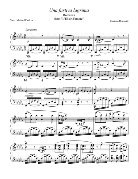 Free Sheet Music Una Furtiva Lagrima For Piano Solo