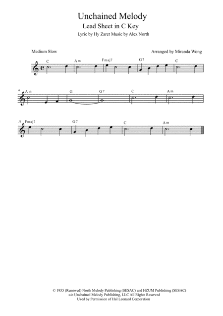 Unchained Melody Lead Sheet In C Key With Chord Sheet Music