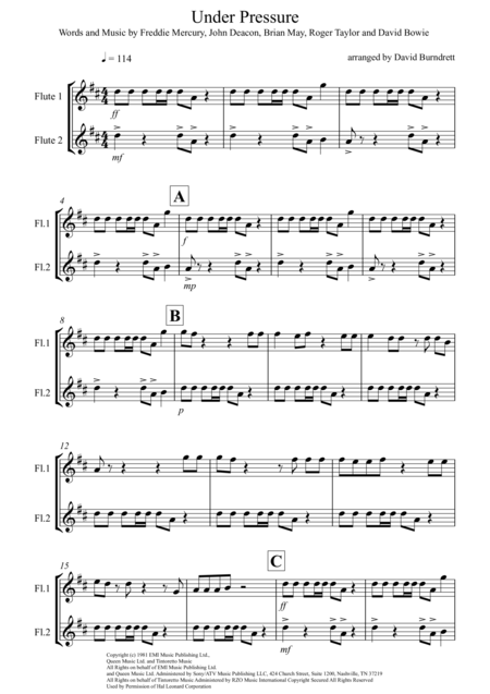 Under Pressure For Flute Duet Sheet Music