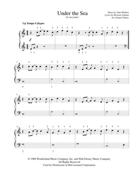 Under The Sea From The Little Mermaid For Easy Piano Sheet Music