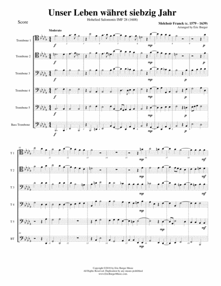 Free Sheet Music Unser Leben Whret Siebzig Jahr For Trombone Or Low Brass Sextet