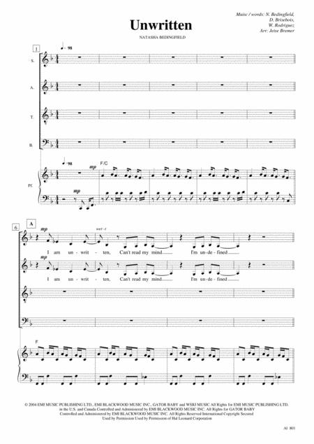 Free Sheet Music Unwritten Satb Piano