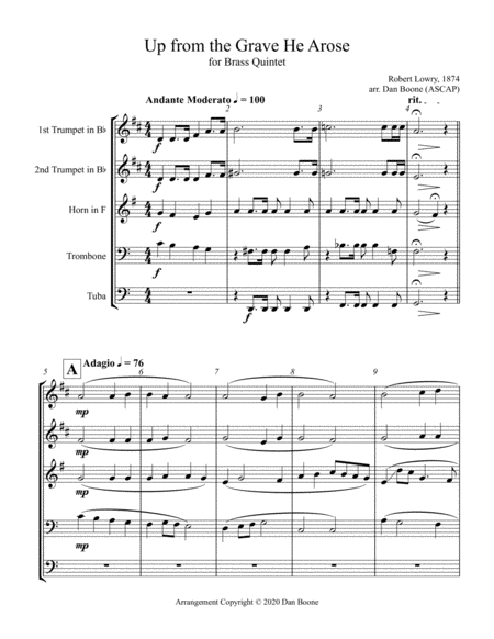 Up From The Grave He Arose Low In The Grave He Lay For Brass Quintet Sheet Music