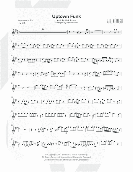 Uptown Funk Allen Music Tenor Saxophone Sheet Music