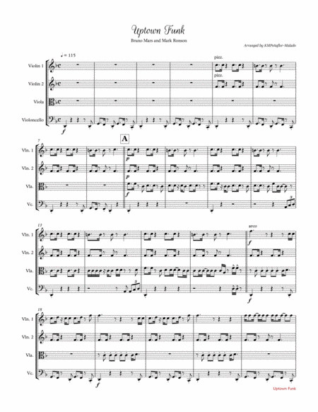 Uptown Funk By Bruno Mars And Mark Ronson String Quartet Sheet Music