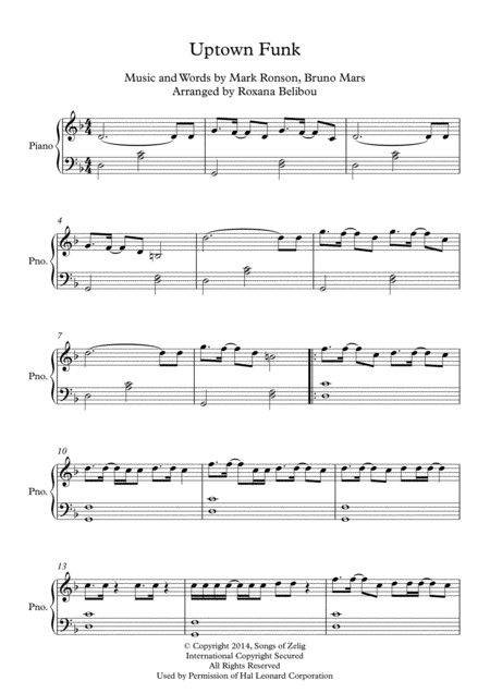 Uptown Funk By Mark Ronson Ft Bruno Mars Easy Piano Sheet Music