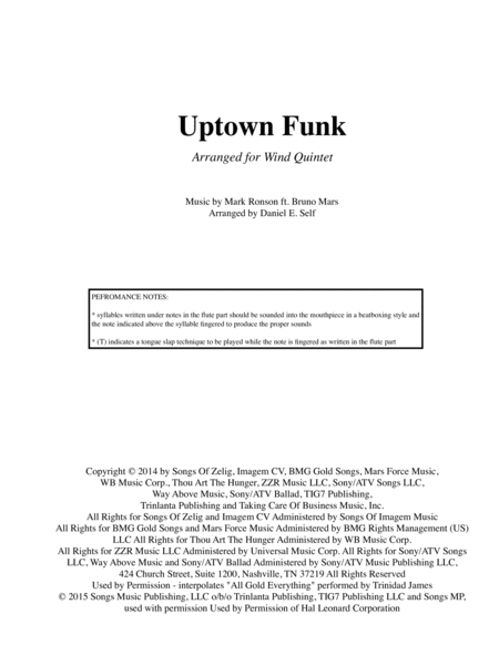 Free Sheet Music Uptown Funk Wind Quintet