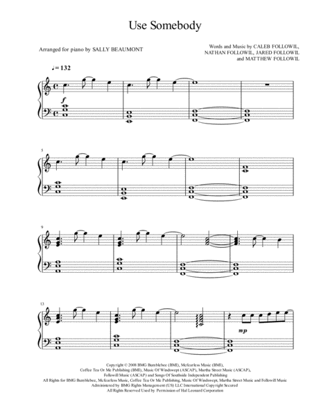 Use Somebody Kings Of Leon Piano Solo Sheet Music