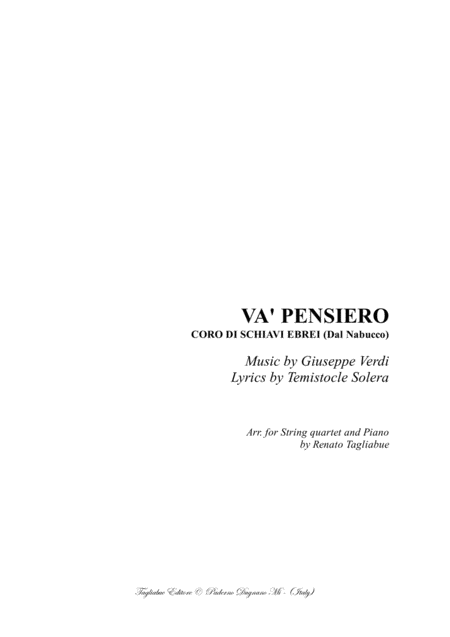 Free Sheet Music Va Pensiero Arr For String Quartet And Piano With Parts