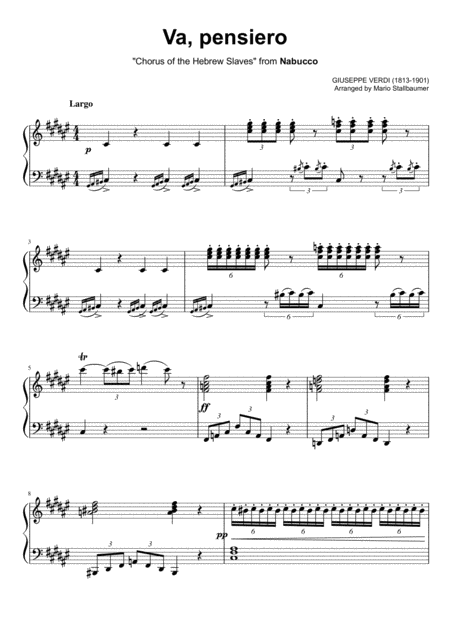Va Pensiero Chorus Of The Hebrew Slaves Piano Solo Original Key Sheet Music
