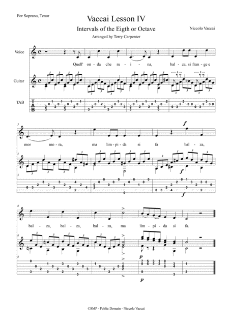 Free Sheet Music Vaccai Lesson 4 Intervals Of The Eigth Or Octave For Soprano Tenor Voice Guitar