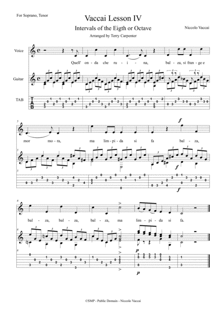 Vaccai Lesson 4 Intervals Of The Eigth Or Octave For Soprano Tenor Voice Guitar Sheet Music