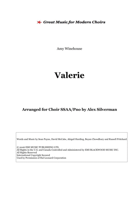 Valerie Amy Winehouse Choir Ssaa And Piano Sheet Music