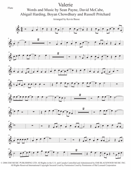 Free Sheet Music Valerie Easy Key Of C Flute