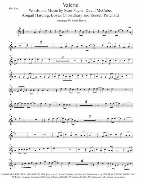 Valerie Original Key Alto Sax Sheet Music