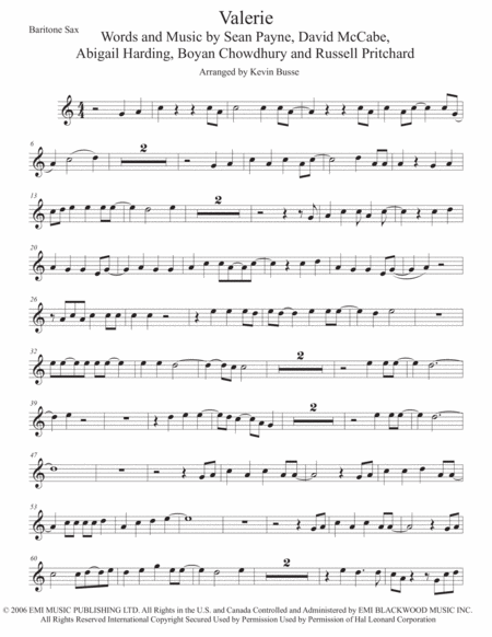 Valerie Original Key Bari Sax Sheet Music