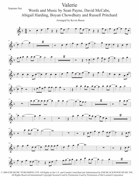 Valerie Original Key Soprano Sax Sheet Music