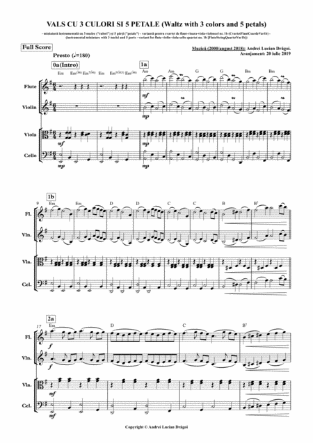 Vals Cu 3 Culori Si 5 Petale Waltz With 3 Colors And 5 Petals Instrumental Miniature With 3 Nuclei And 5 Parts Variant For Flute Violin Viola Cello Qu Sheet Music