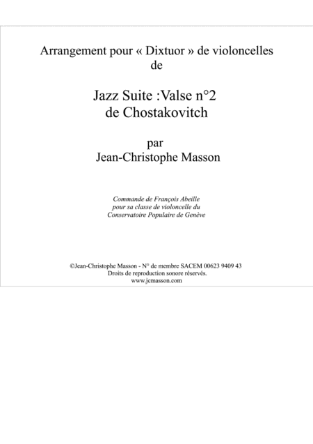 Valse N 2 By Chostakovitch For 10 Celli Score And Parts Arrangement By Jean Christophe Masson Sheet Music