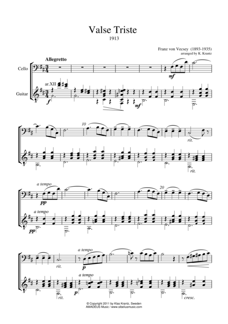 Free Sheet Music Valse Trist For Cello And Guitar