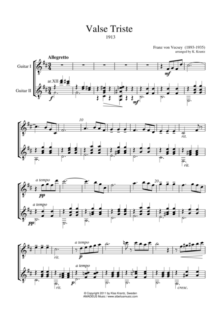 Free Sheet Music Valse Triste For Guitar Duo