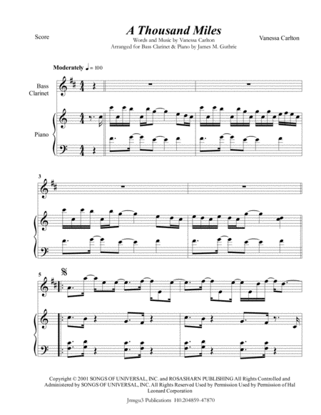 Vanessa Carlton A Thousand Miles For Bass Clarinet Piano Sheet Music