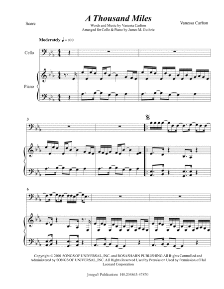 Vanessa Carlton A Thousand Miles For Cello Piano Sheet Music