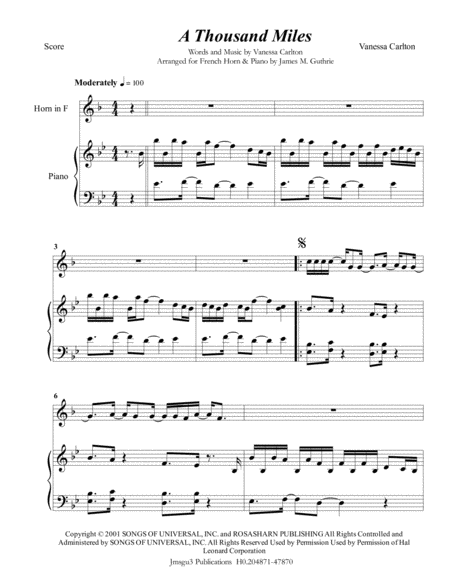 Vanessa Carlton A Thousand Miles For French Horn Piano Sheet Music