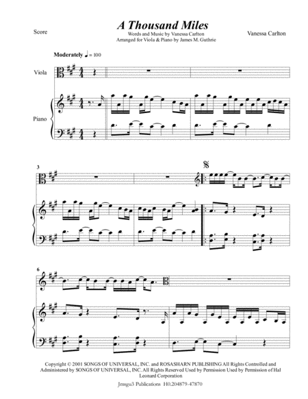 Vanessa Carlton A Thousand Miles For Viola Piano Sheet Music