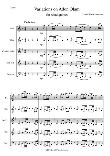 Variations On Adon Olam Eternal Lord For Wind Quintet Sheet Music