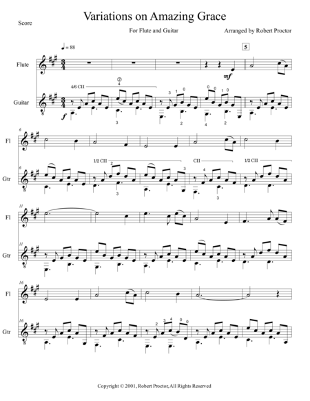 Variations On Amazing Grace For Flute And Guitar Sheet Music