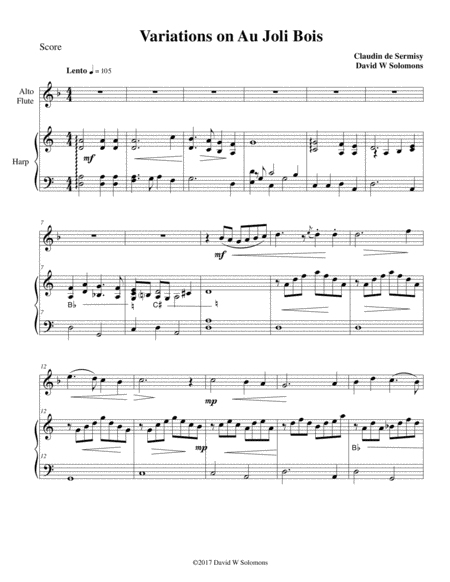 Free Sheet Music Variations On Au Joli Bois For Alto Flute And Harp