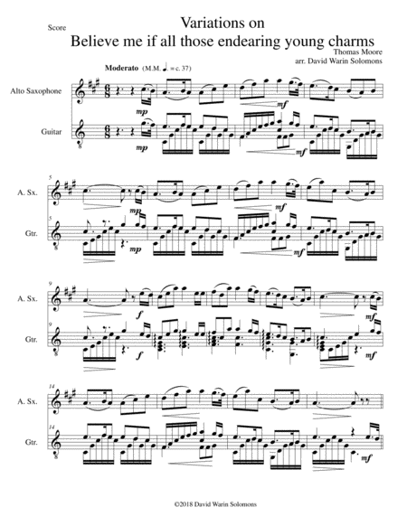 Variations On Believe Me If All Those Endearing Young Charms For Alto Saxophone And Guitar Sheet Music