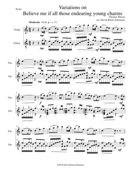 Variations On Believe Me If All Those Endearing Young Charms For Violin And Guitar Sheet Music