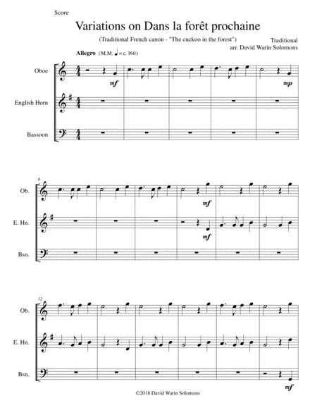 Variations On Dans La Fort Prochaine For Double Reed Trio Oboe Cor Anglais Bassoon Sheet Music