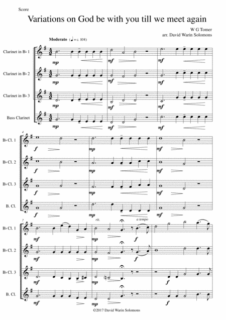 Variations On God Be With You Till We Meet Again For Clarinet Quartet Sheet Music