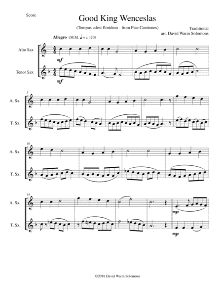 Variations On Good King Wenceslas Tempus Adest Floridum For Alto And Tenor Saxophones Sheet Music